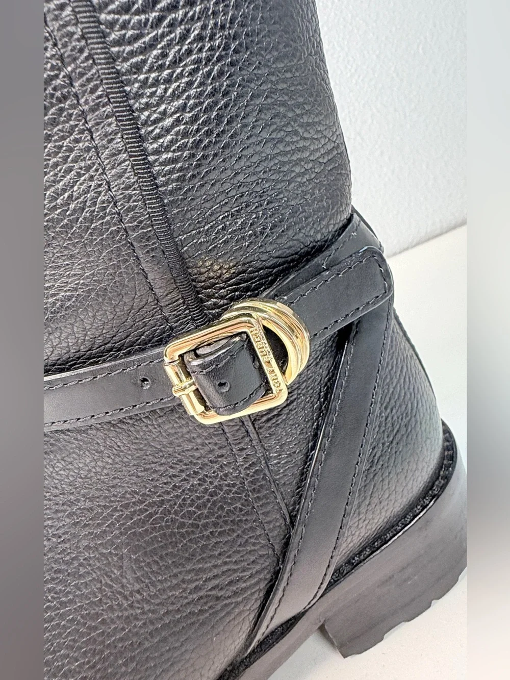 Tory Burch Tall Dark Brown Pebbled Leather Riding Boots Gold Logo size 8 Boots